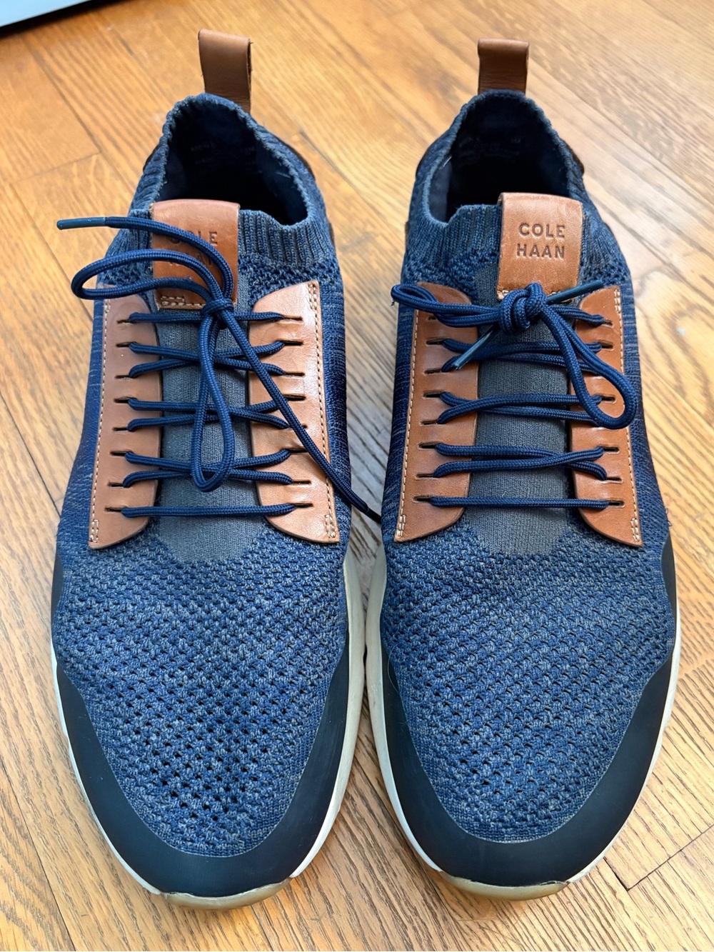 Cole Haan Navy Knit Lace-Up Sneakers with Brown Accents